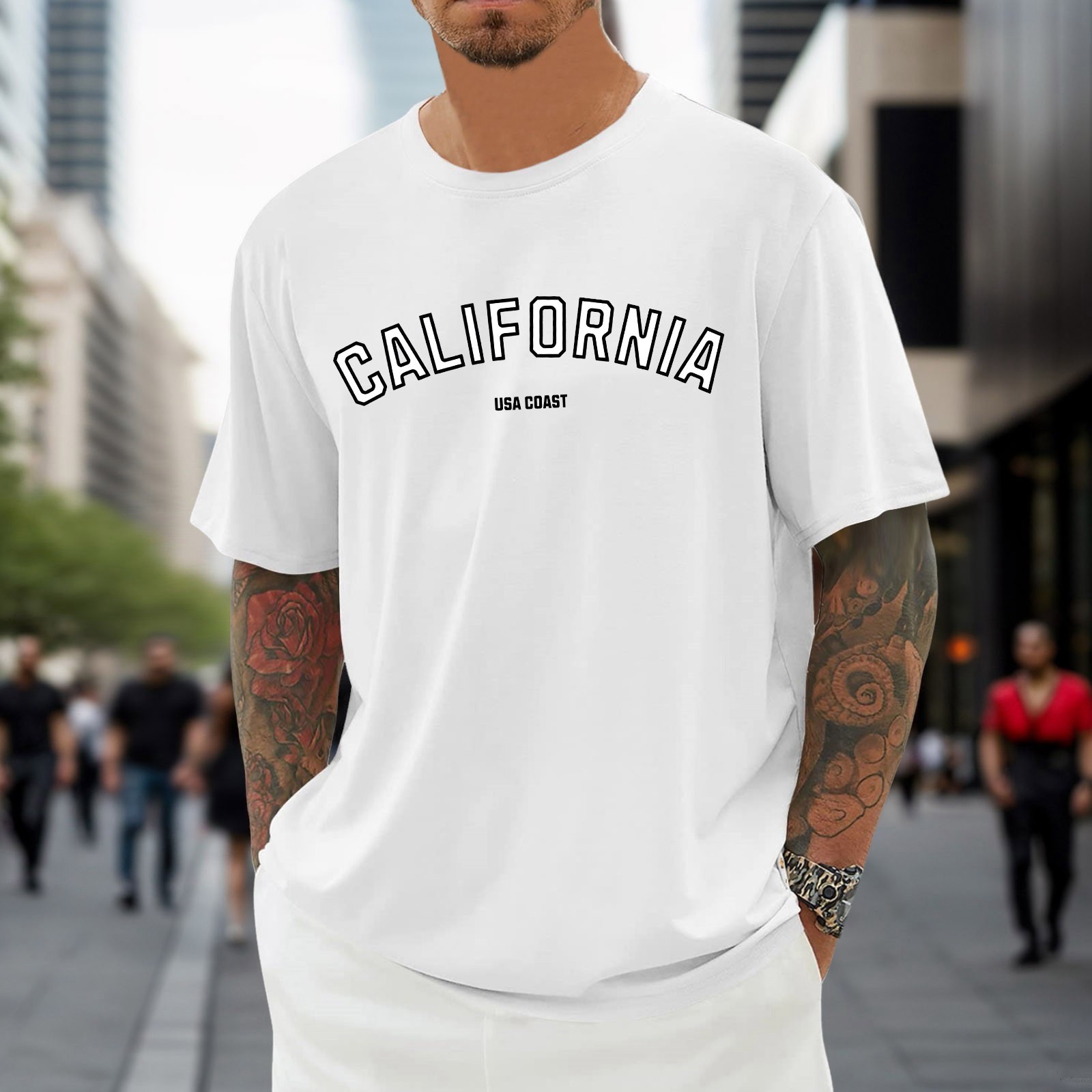 thumbnail image 3 of Camiseta oversize de verano para hombre - Cuello redondo y manga corta con estampado urbano - Camiseta deportiva holgada e informal, 3 of 5